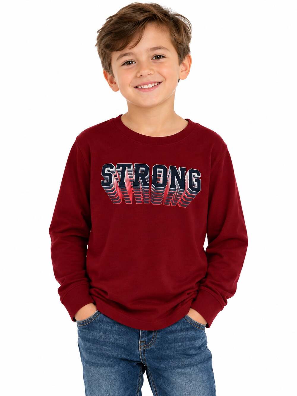 Old Navy Boys 6/7 Maroon STRONG Graphic Long Sleeve Crew Neck T-Shirt EUC